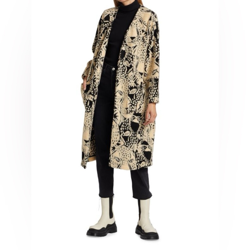 FARM Rio Cream and Black Printed Long Coat xs